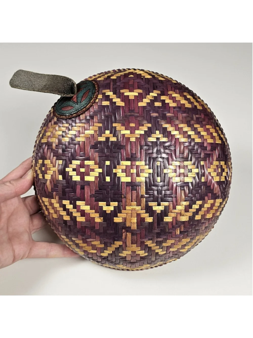 Vintage Hand-Coiled Southwestern Decorative Basket Bowl with Leather Medallion
